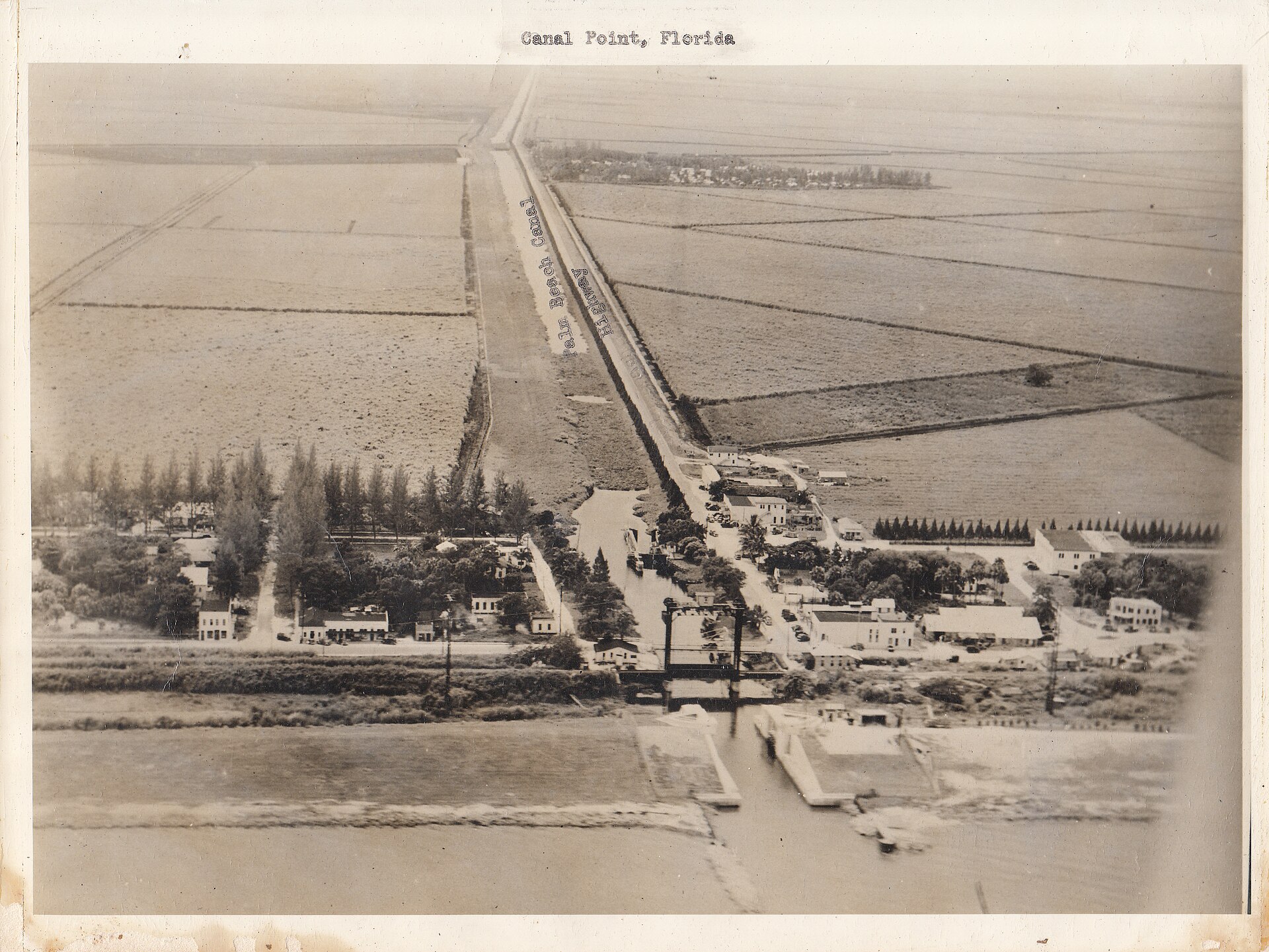 Historic aerial view of Canal Point, Florida, from Lake Okeechobee
