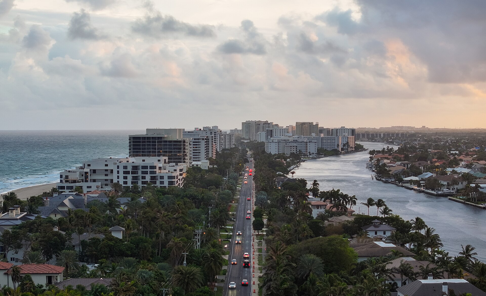 Aerial skyline of oceanfront residences in Highland Beach, Florida