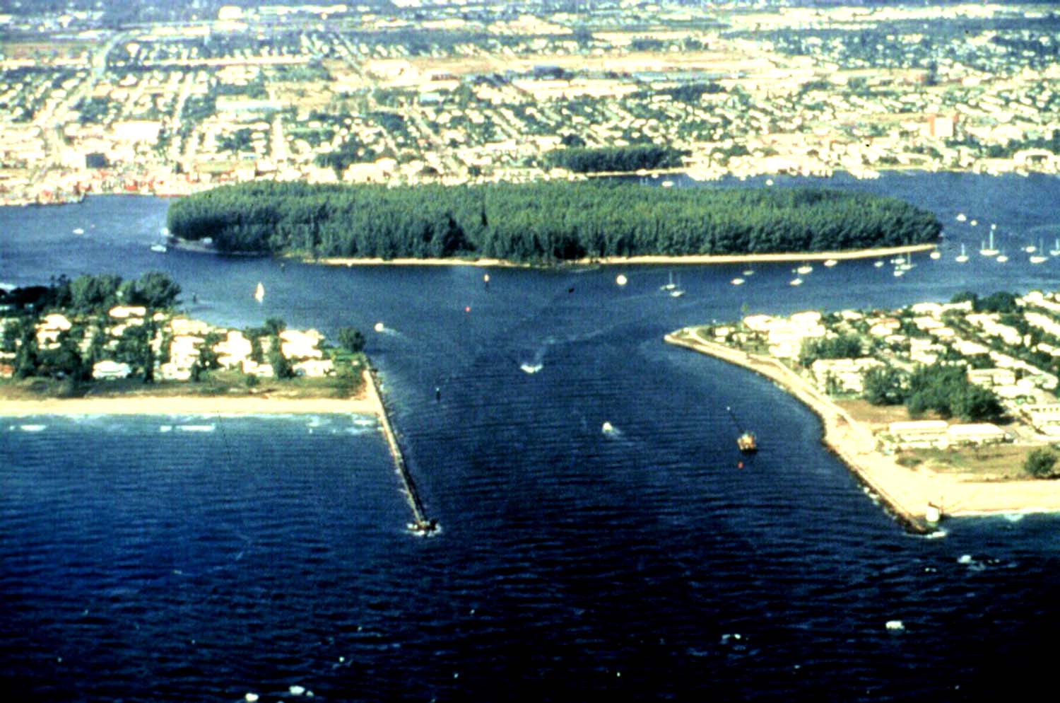 Aerial view of Lake Worth Inlet, Peanut Island, and the Riviera Beach waterfront